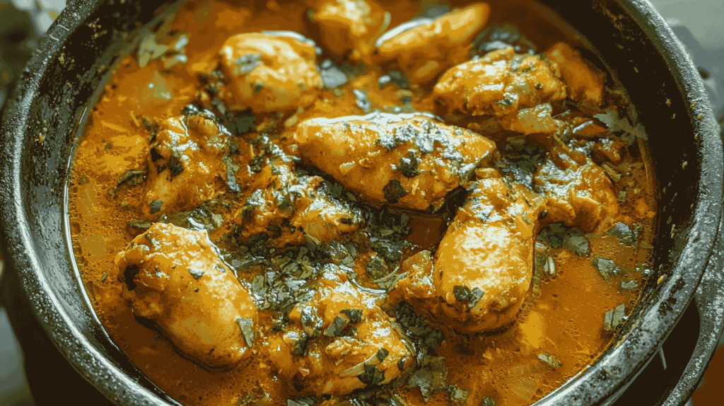 A colorful bowl of chicken soup west indian with herbs and peppers