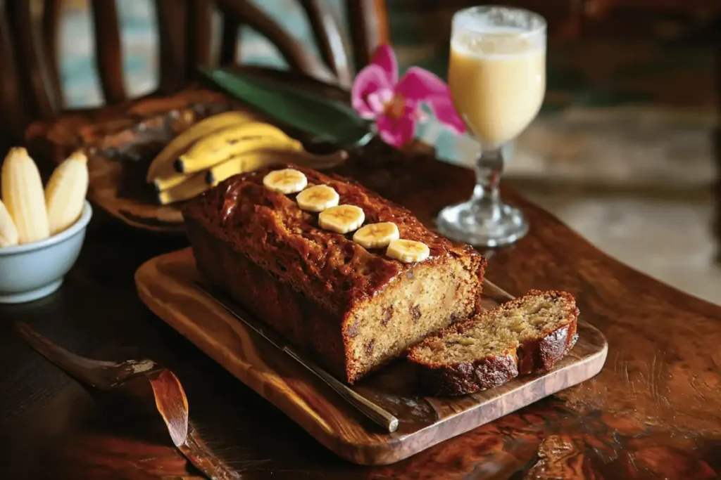 A freshly baked loaf of Jamaican banana bread, topped with golden crust and slices of ripe bananas, served on a wooden board for a tropical treat.