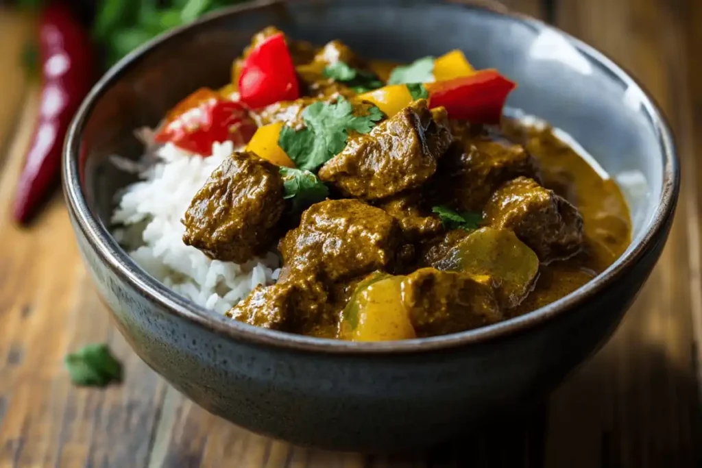 A vibrant plate of authentic Jamaican curry beef with tender beef chunks, potatoes, and carrots in a rich, flavorful curry sauce served alongside rice and peas.