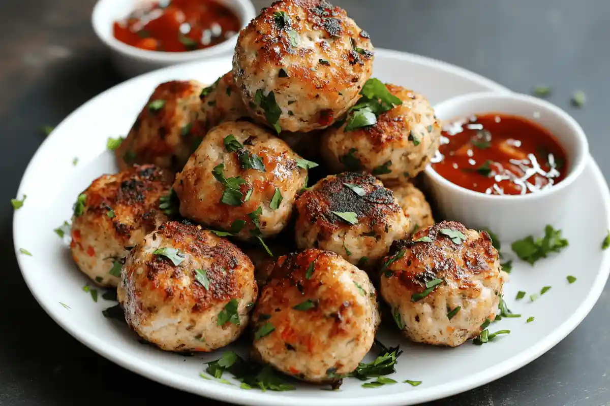 Dairy-free chicken meatballs served on a white plate, garnished with fresh parsley, paired with a side of dipping sauce for a delicious, no-cheese recipe.