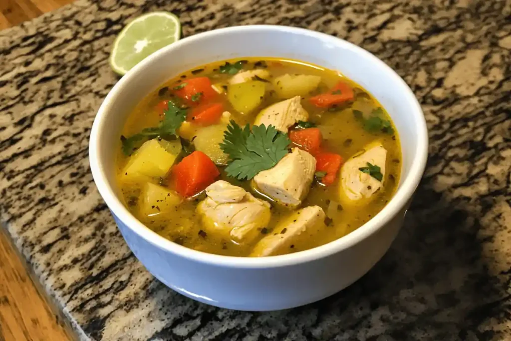 A bowl of hearty West Indian-style chicken soup with tender chicken, dumplings, pumpkin, and fresh herbs, served as a comforting and flavorful dish.