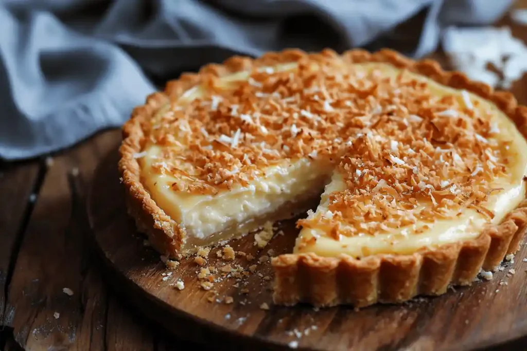 A golden-brown coconut tart with a flaky crust, topped with toasted coconut flakes, served on a rustic plate for a tropical dessert experience.