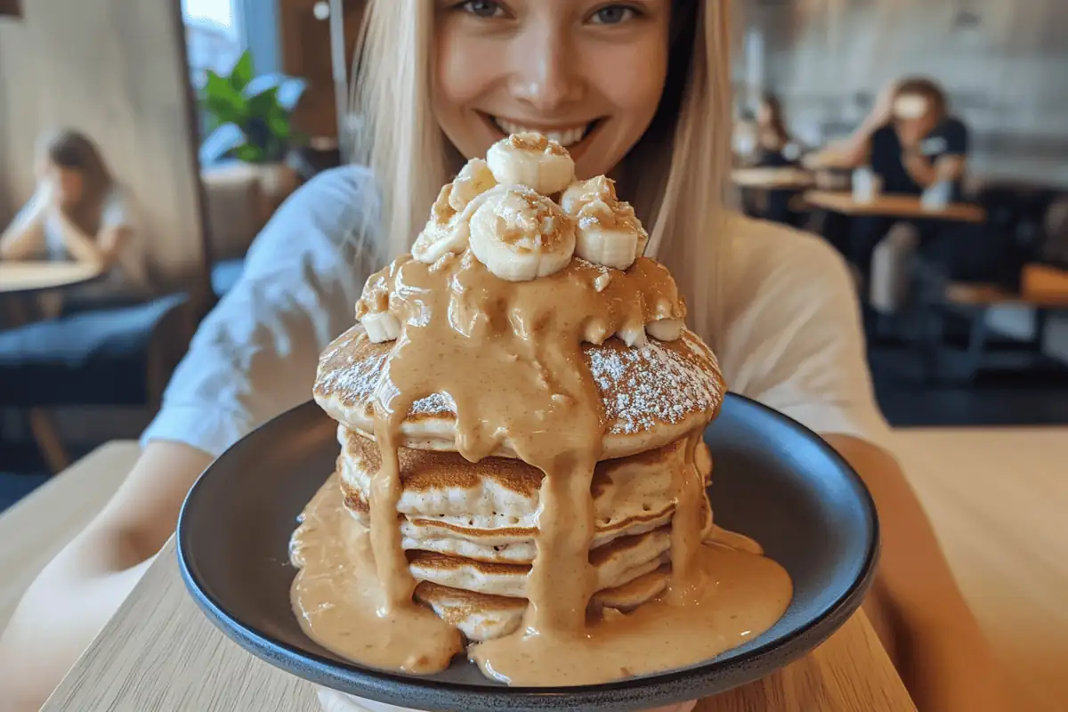 A stack of fluffy pancakes topped with creamy peanut butter, banana slices, and a drizzle of honey, served on a white plate.