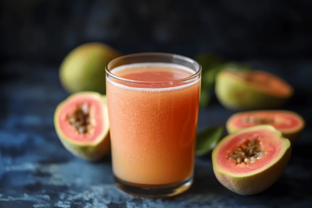 A refreshing glass of homemade guava juice, garnished with a slice of fresh guava and mint leaves, served on a wooden table.