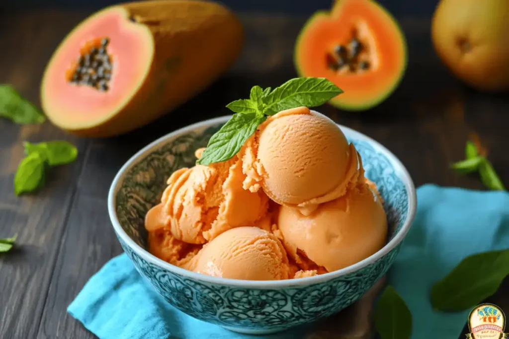 A bowl of creamy papaya ice cream garnished with fresh papaya slices and mint leaves, served as a refreshing tropical dessert.