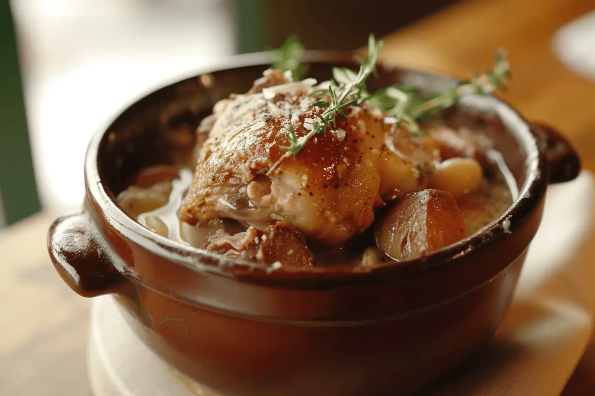 Rich and hearty turkey neck stew served in a bowl, garnished with fresh herbs and vegetables, a comforting homemade dish.