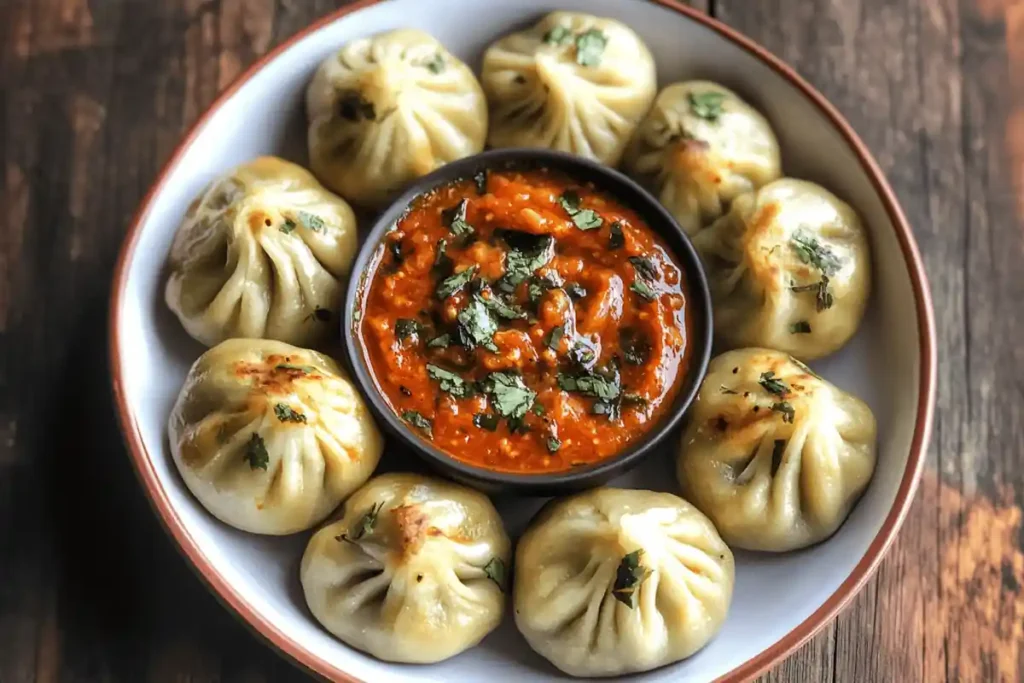 A vibrant bowl of momo chutney made with fresh ingredients like tomatoes, chilies, garlic, and spices, served as a dipping sauce for momos.