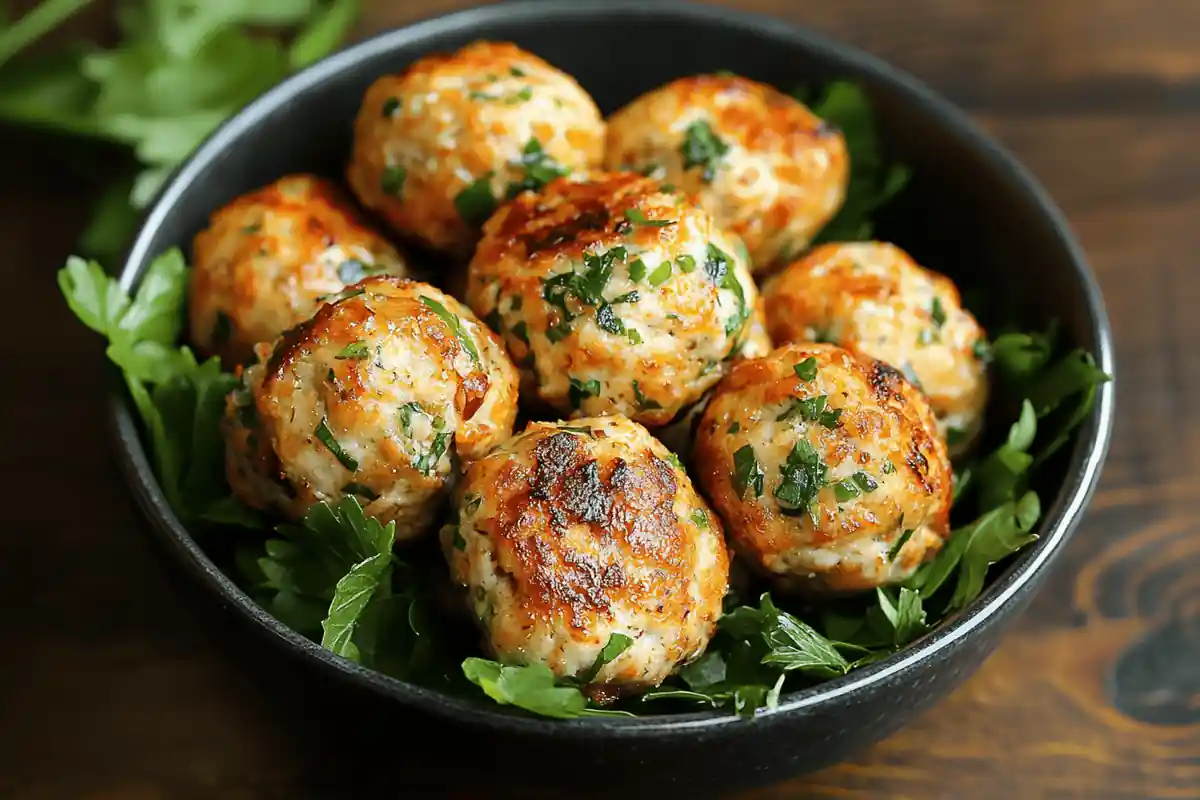 Juicy paleo chicken meatballs served on a plate, garnished with fresh herbs and accompanied by a side of dipping sauce, a healthy and easy recipe.