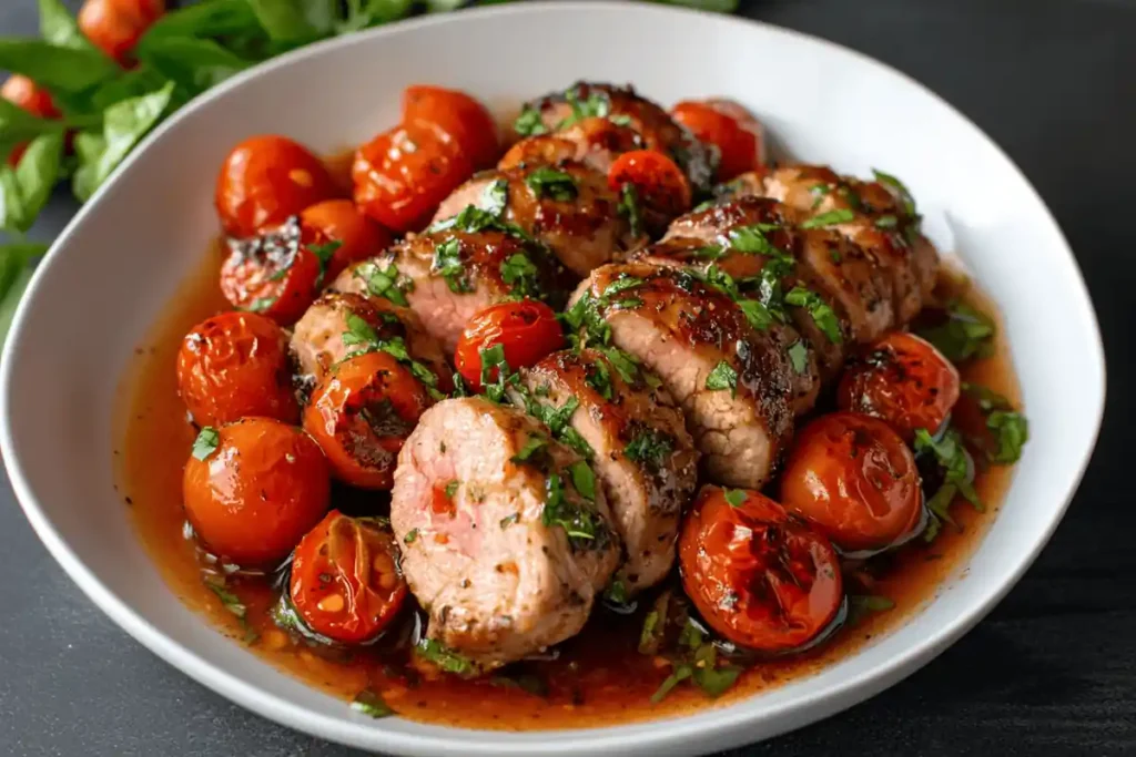 Juicy pork tenderloin slices served with roasted tomatoes and fresh herbs on a rustic plate, a flavorful and hearty dish.