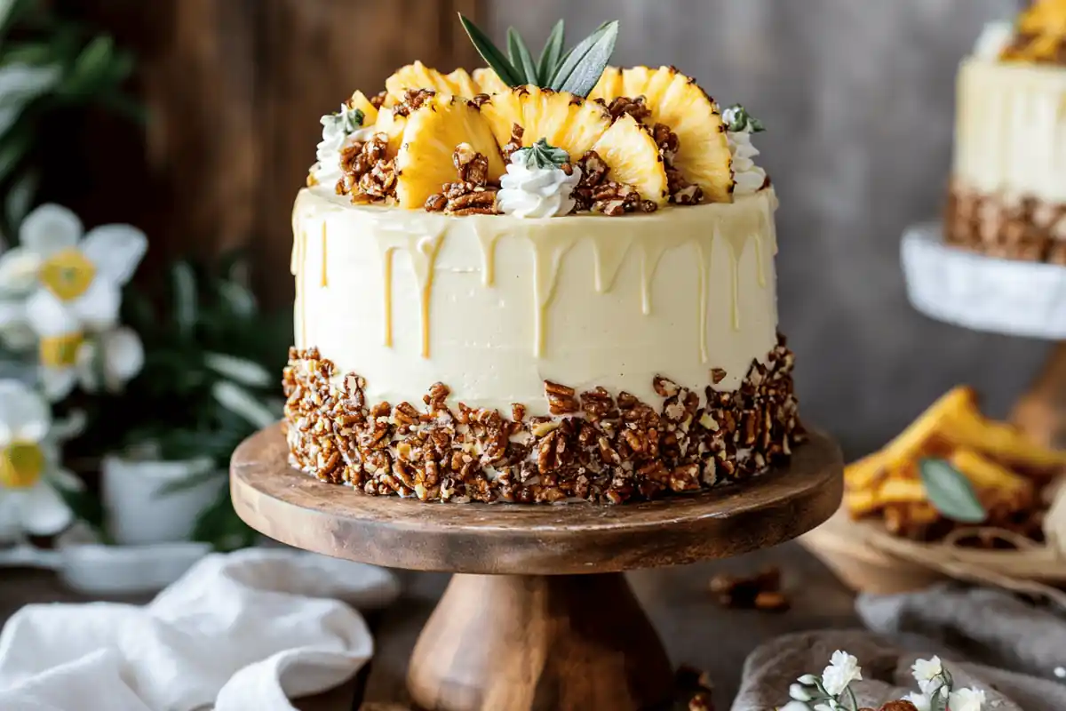 A slice of hummingbird cake made without pineapple, featuring banana, warm spices, and a cream cheese frosting, garnished with chopped pecans.