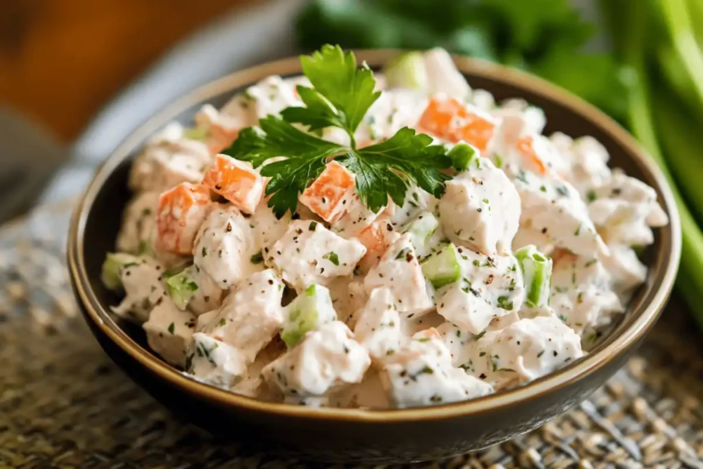 A creamy chicken salad made without celery, featuring shredded chicken, cranberries, nuts, and a light dressing, served on a bed of lettuce.