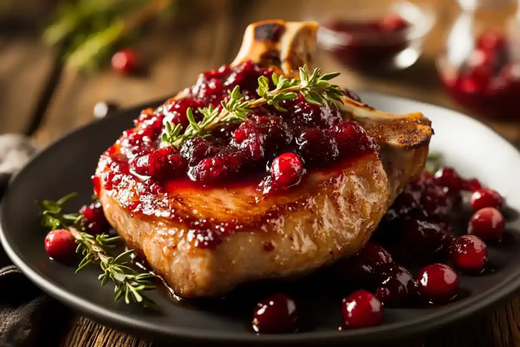 Juicy pork chops topped with homemade cranberry sauce, served with a side of roasted vegetables and garnished with fresh thyme.