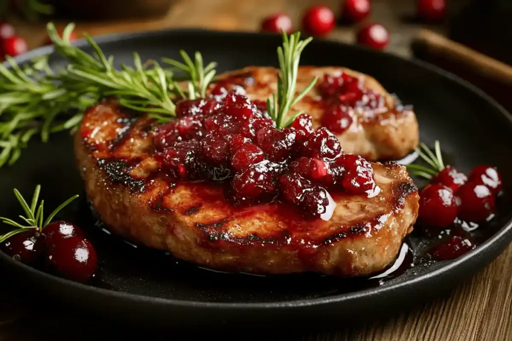 Juicy pork chops served with a tangy cranberry sauce and fresh herbs on a white plate, a perfect combination for a flavorful dinner.