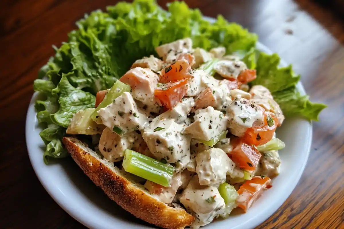 A serving of Chicken Salad Chick’s classic chicken salad, garnished with lettuce and crackers, showcasing its creamy texture and fresh ingredients.