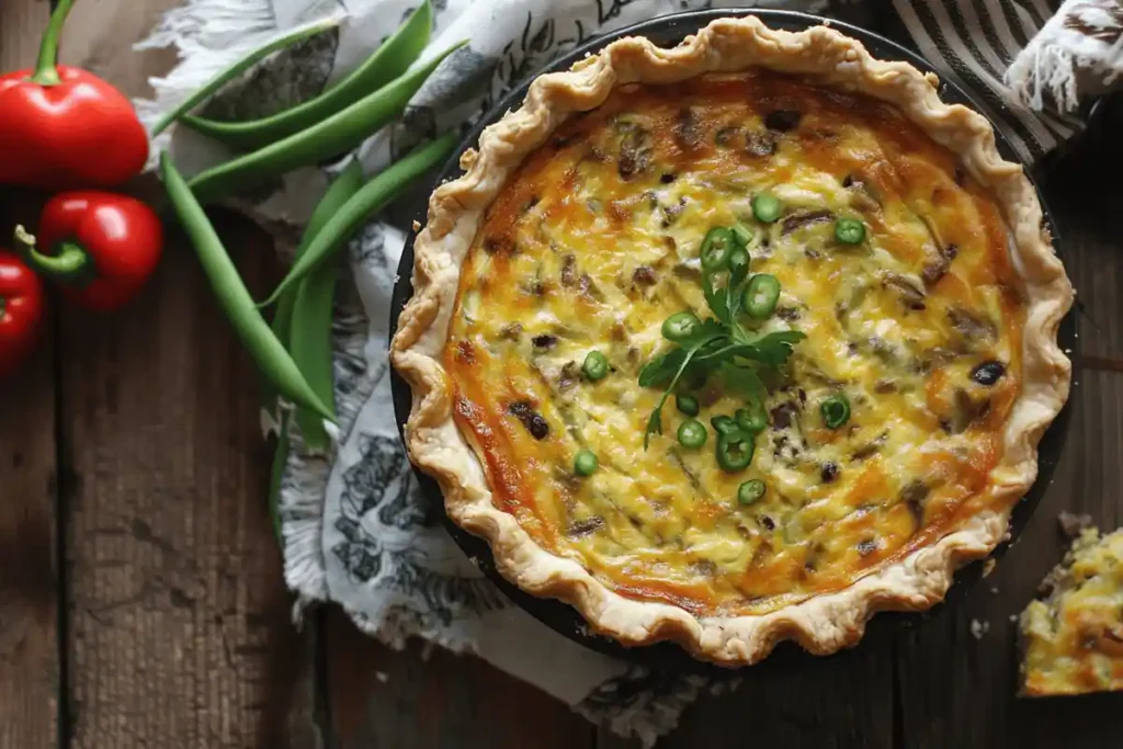 A golden-green chili quiche with a flaky crust, topped with melted cheese and garnished with fresh herbs, served on a rustic wooden table.