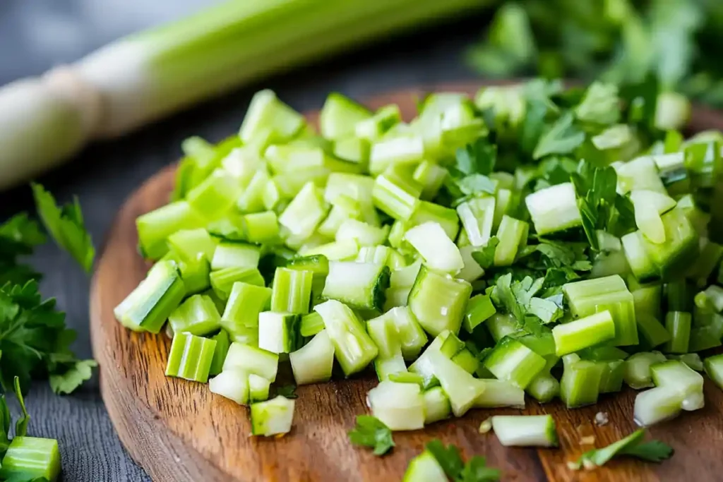 Fresh celery stalks being sliced into small, even pieces on a wooden cutting board, perfect for adding crunch to chicken salad.