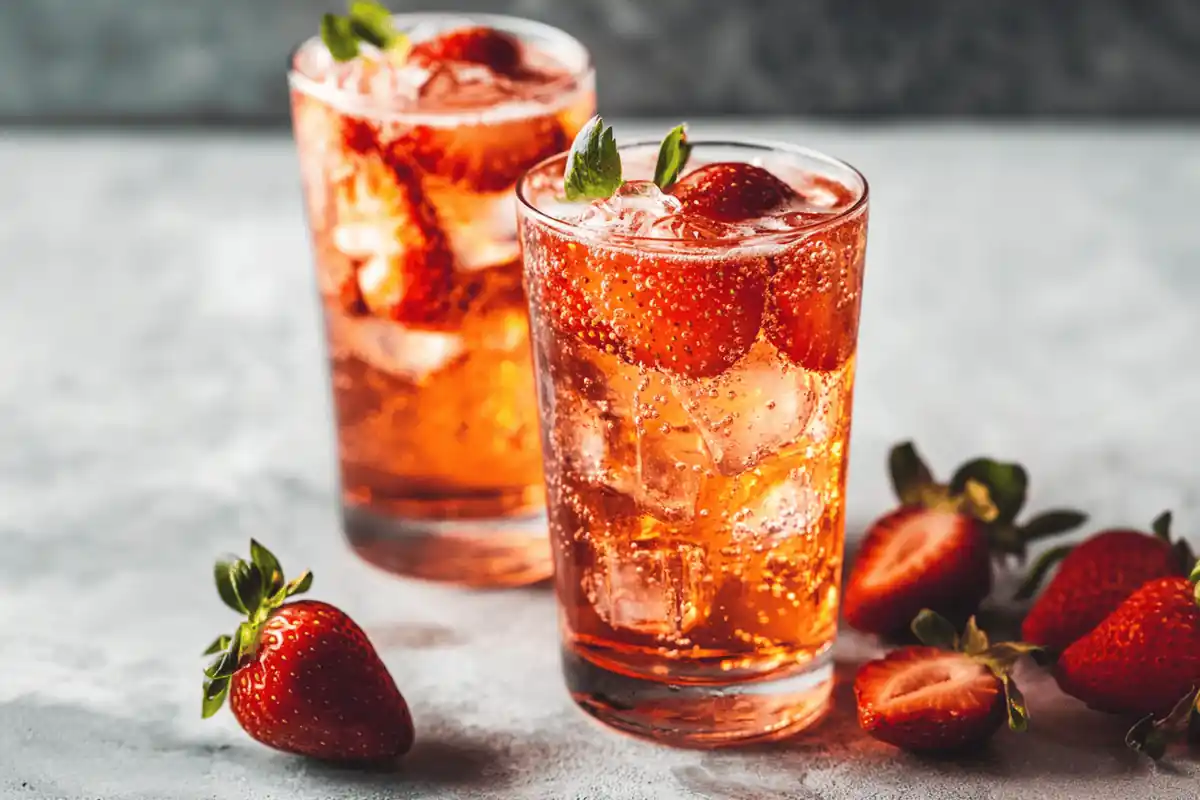 A glass of strawberry spritz cocktail, garnished with fresh strawberries, mint leaves, and ice cubes, served on a wooden table for a refreshing drink.