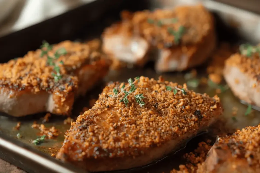 Golden-brown pretzel-crusted pork chops served with a side of mashed potatoes and green beans, a crispy and flavorful dinner option.