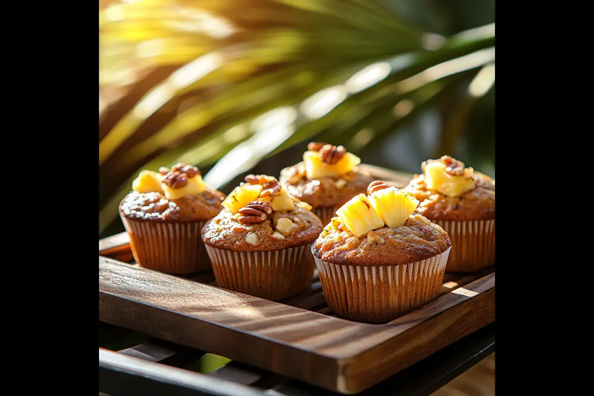 Freshly baked hummingbird muffins filled with bananas, pineapple, and pecans, topped with a cream cheese drizzle and garnished with chopped pecans.