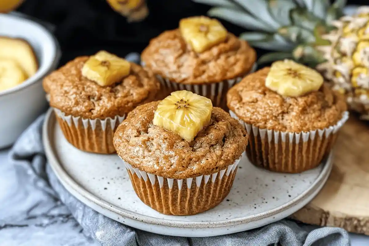 Freshly baked banana pineapple muffins with a golden-brown top, served on a wooden platter and garnished with pineapple chunks for a tropical treat.