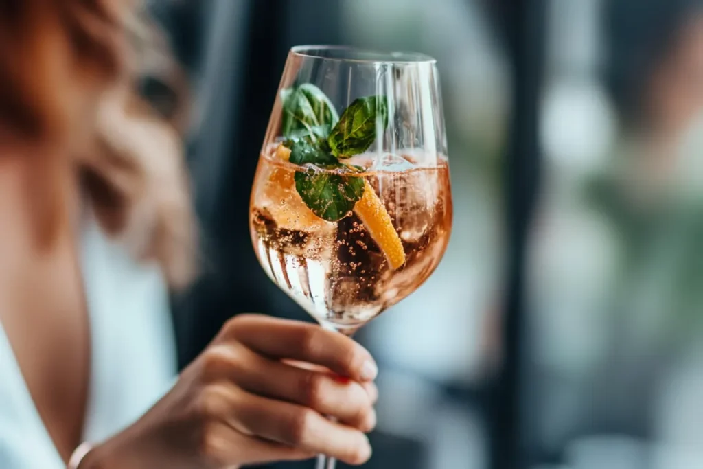 A refreshing spritz cocktail served in a wine glass, made with sparkling wine, Aperol, and soda water, garnished with an orange slice.