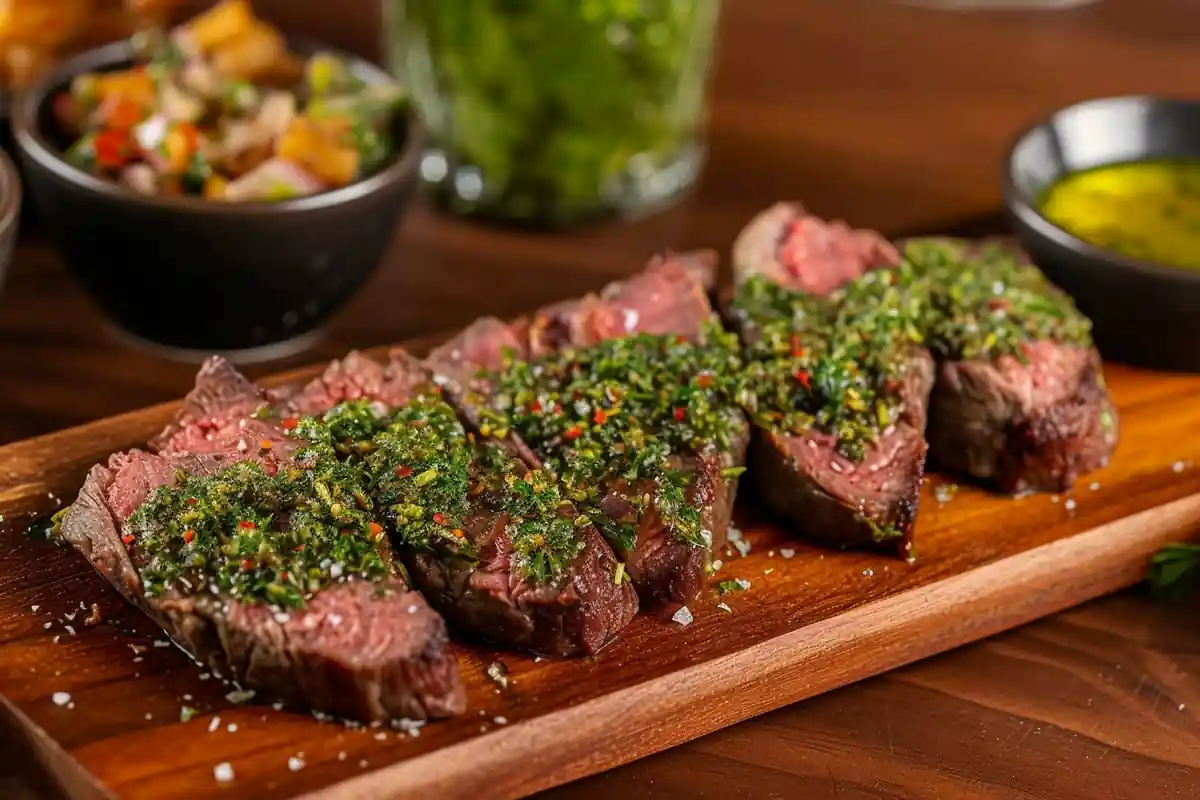 A bowl of vibrant chimichurri sauce served alongside roasted vegetables, grilled steak, and crusty bread for perfect pairing ideas.