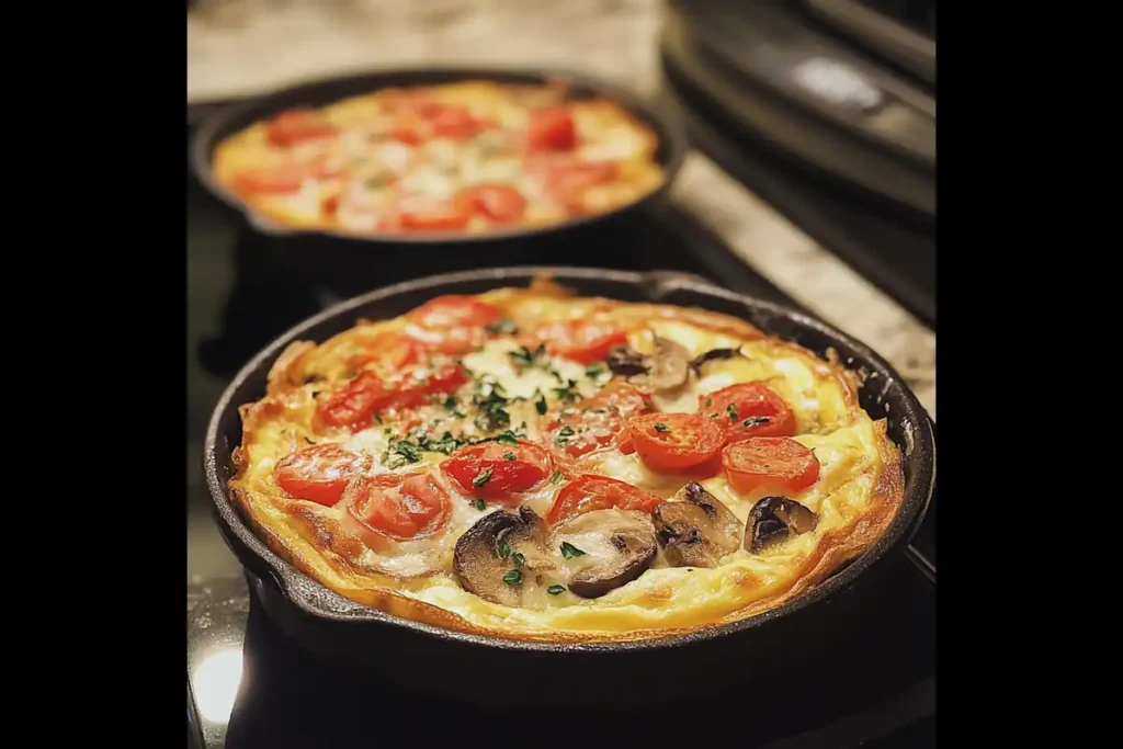 A slice of frittata and a slice of quiche side by side, showcasing the differences in crust, texture, and ingredients, served on a plate with a salad.