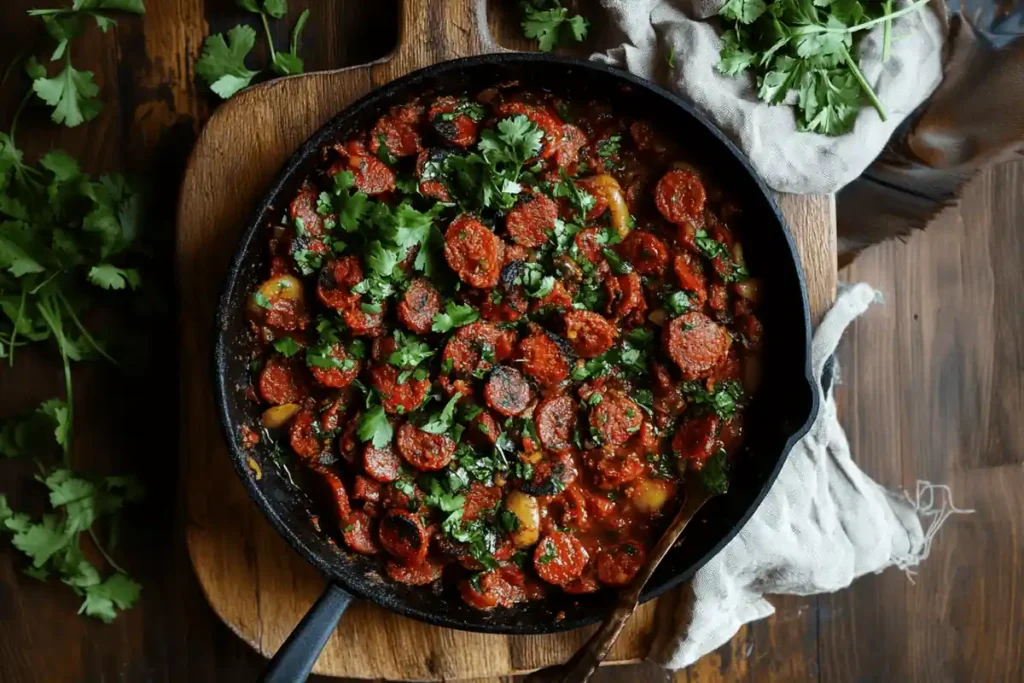 A skillet of cooked chorizo with roasted vegetables, topped with fresh herbs, served alongside crusty bread for a flavorful meal pairing