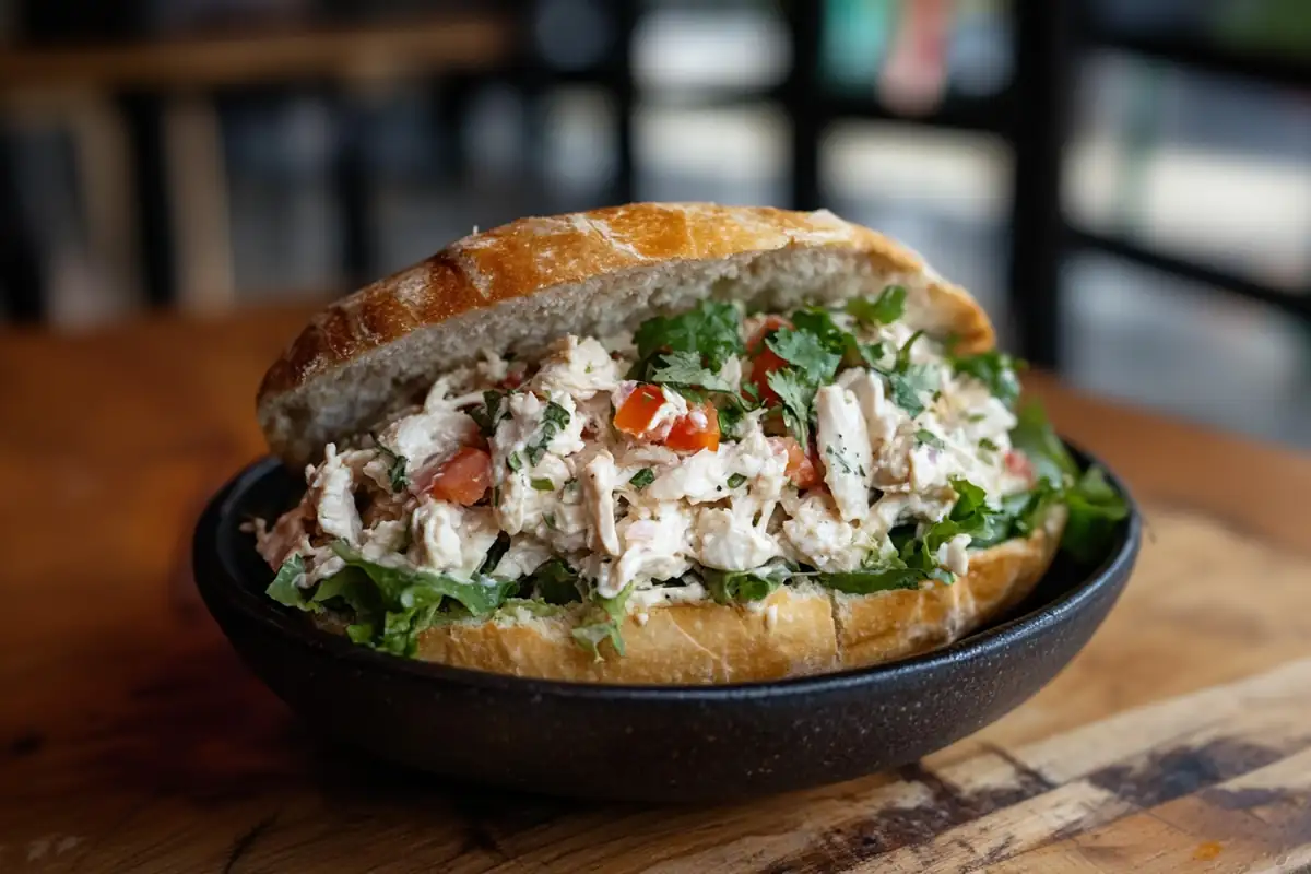 Anthony Bourdain-inspired chicken salad with tender chicken, fresh herbs, and a flavorful vinaigrette, served on crusty bread with a side of greens.