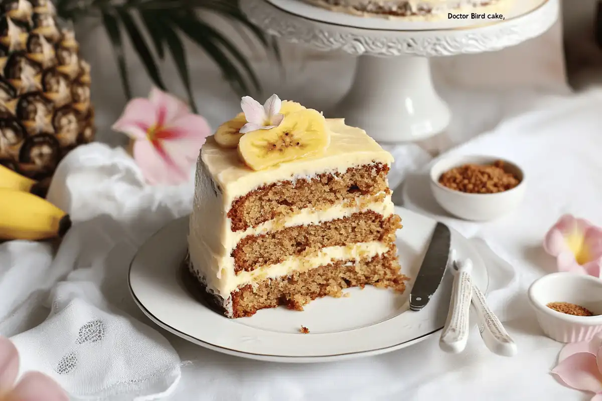 A slice of hummingbird cake topped with cream cheese frosting, sprinkled with chopped pecans, and served with fresh pineapple and banana slices on the side.