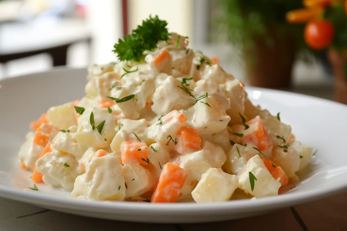 A bowl of potato salad made without celery, featuring crunchy diced cucumbers and red bell peppers as substitutes, garnished with fresh parsley.