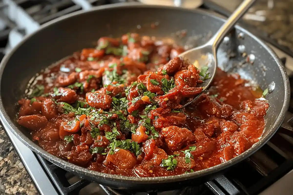 Mexican chorizo in raw, ground form and Spanish chorizo in cured sausage form, both displayed on a wooden cutting board with spices and herbs.