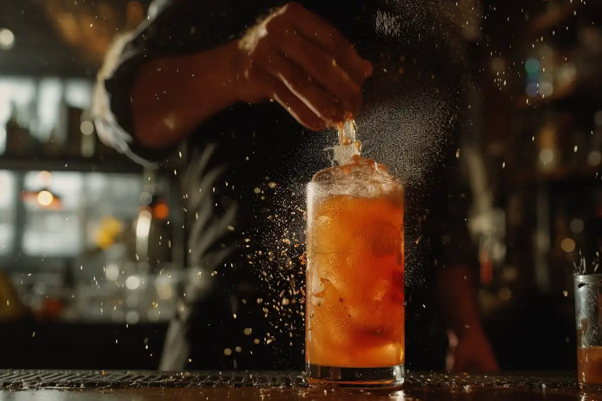 A classic spritz cocktail served in a wine glass, showcasing the formula of three parts sparkling wine, two parts liqueur, and one part soda water, garnished with an orange slice.