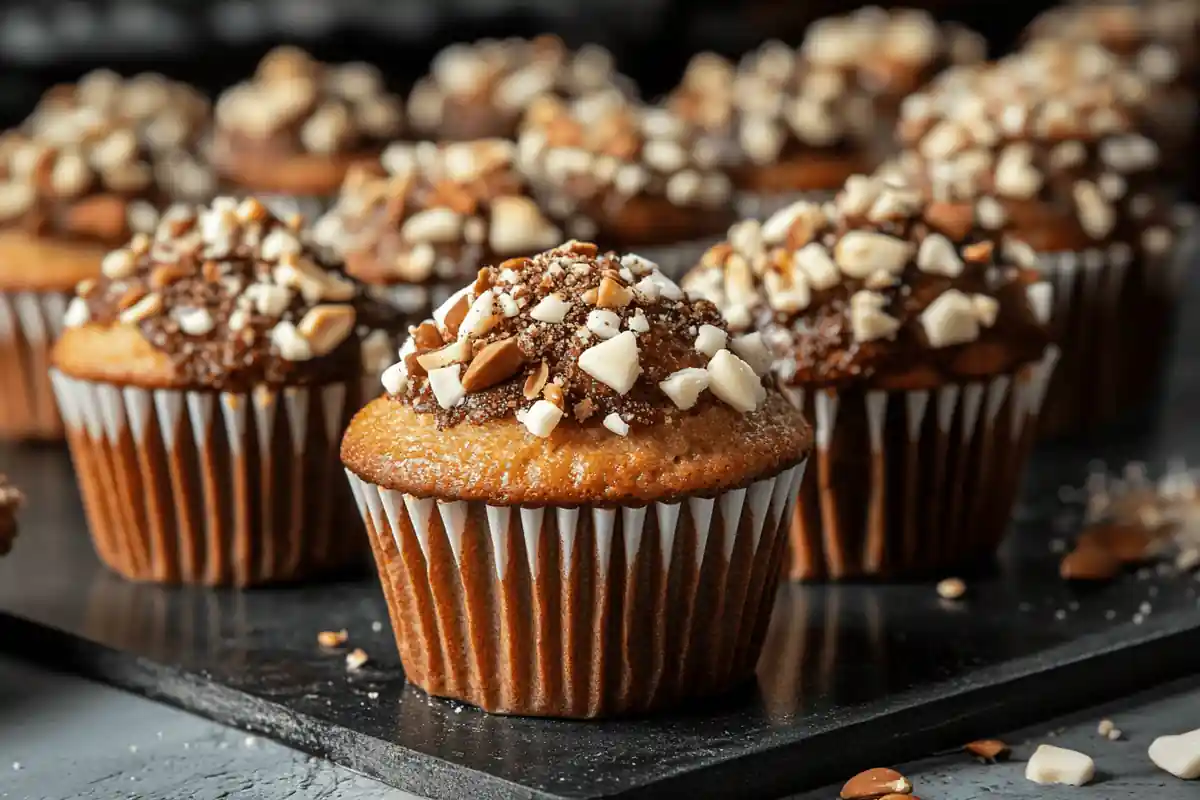 Freshly baked moist muffins with golden tops, arranged on a cooling rack, showcasing their soft texture and perfect rise.