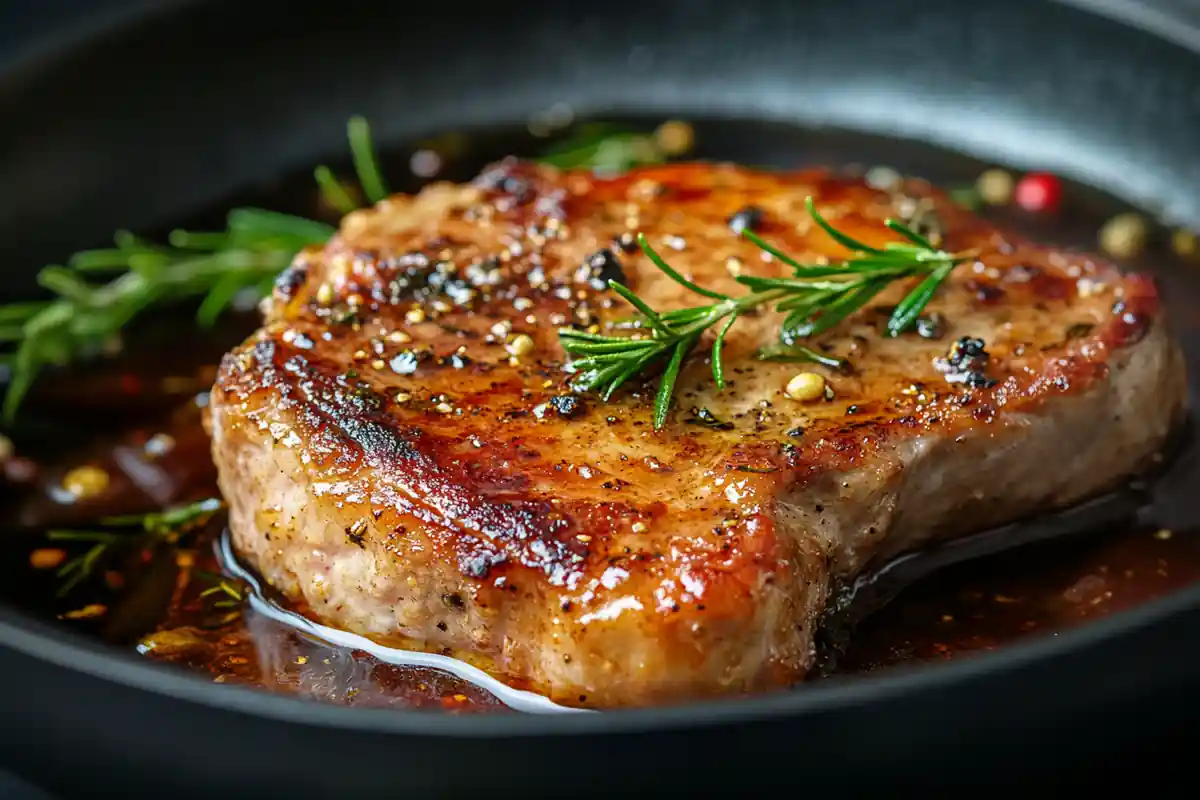 Juicy, golden-brown pork chops garnished with fresh herbs and served with a side of roasted vegetables on a white plate.