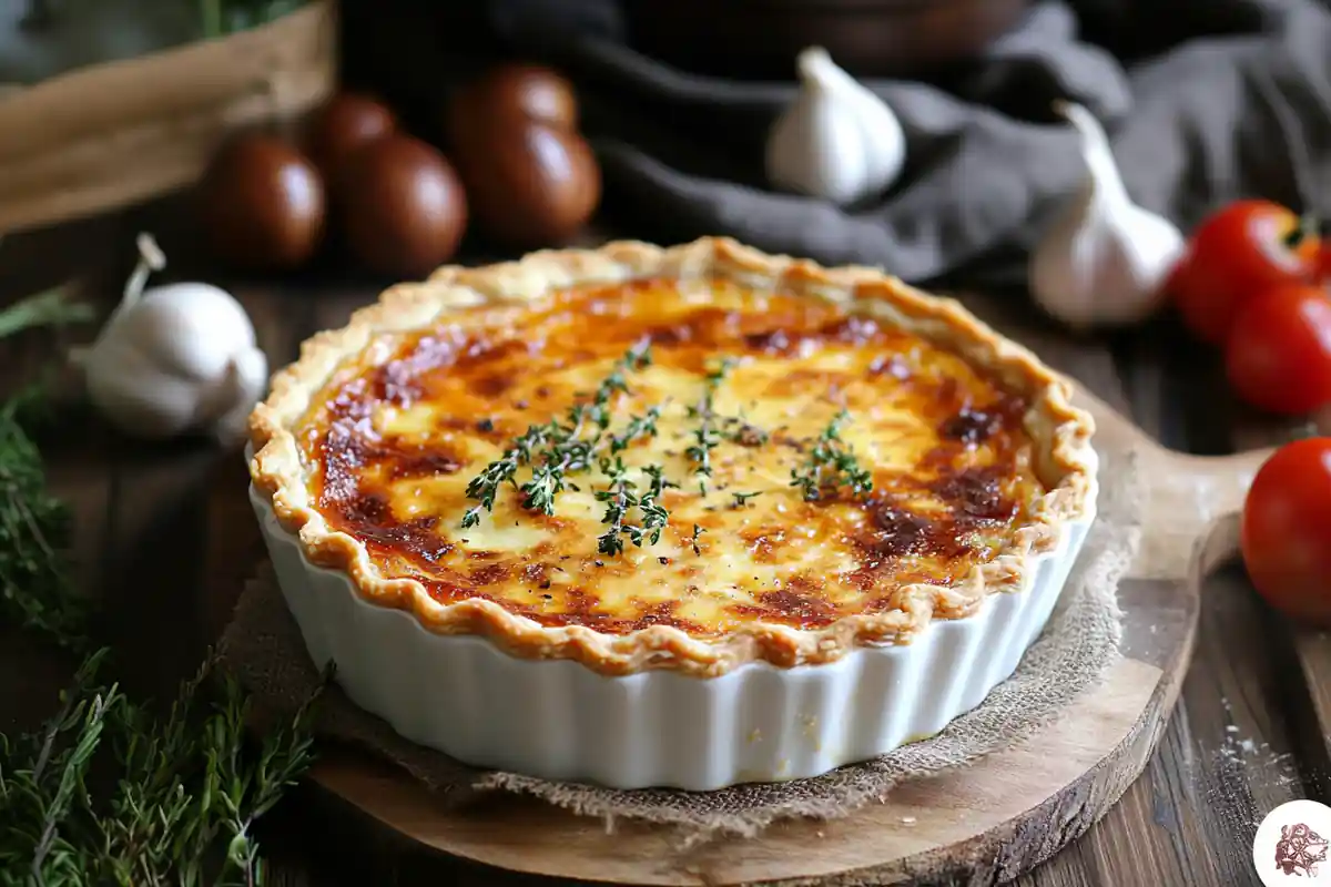 A golden-brown slice of quiche filled with creamy eggs, cheese, and vegetables, served on a white plate with a side of greens.