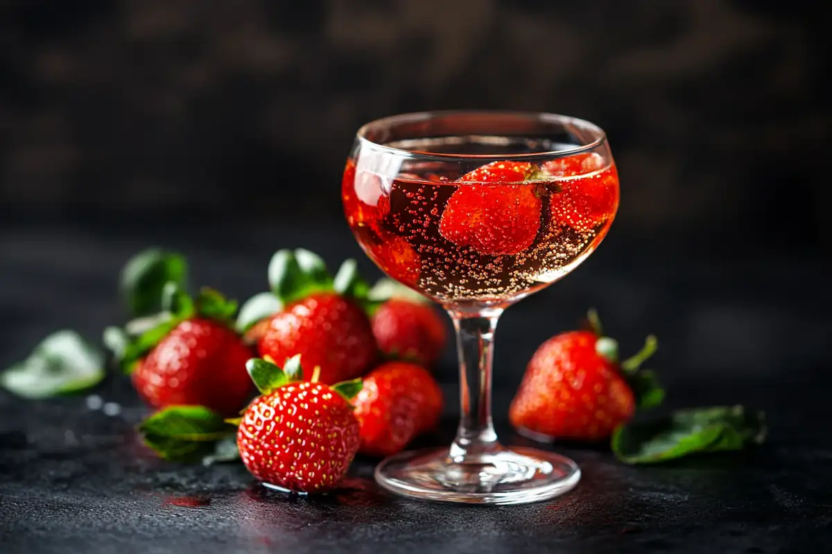 A refreshing cocktail made with fresh strawberries, vodka, and sparkling water, garnished with mint leaves and a sliced strawberry on the rim.