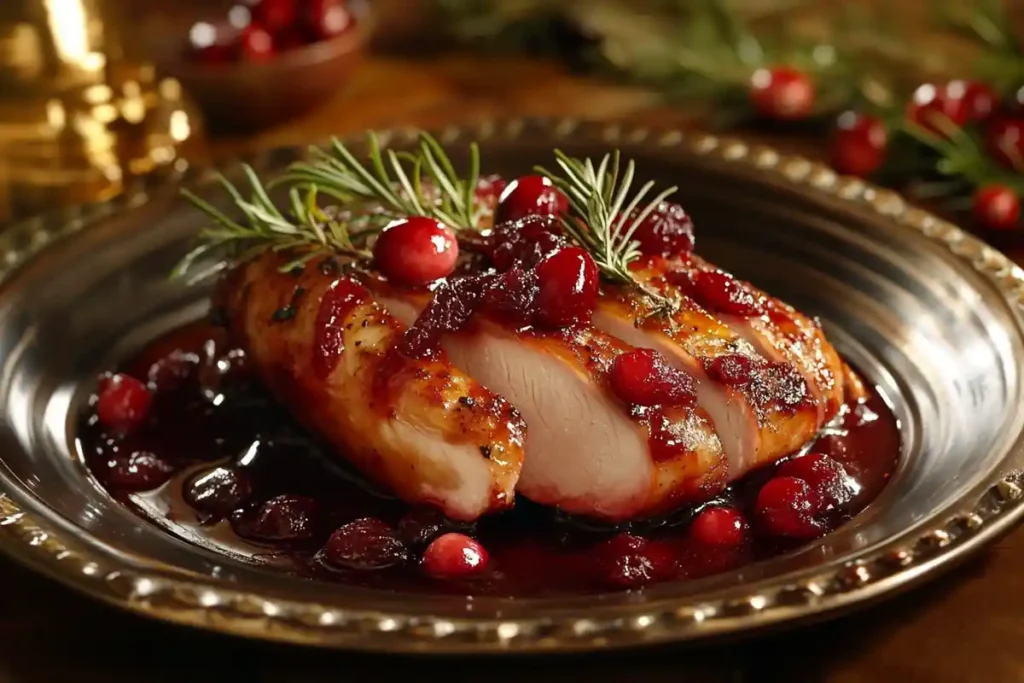 Sliced roasted turkey and glazed ham served with a side of tangy cranberry sauce, garnished with fresh herbs on a festive platter.