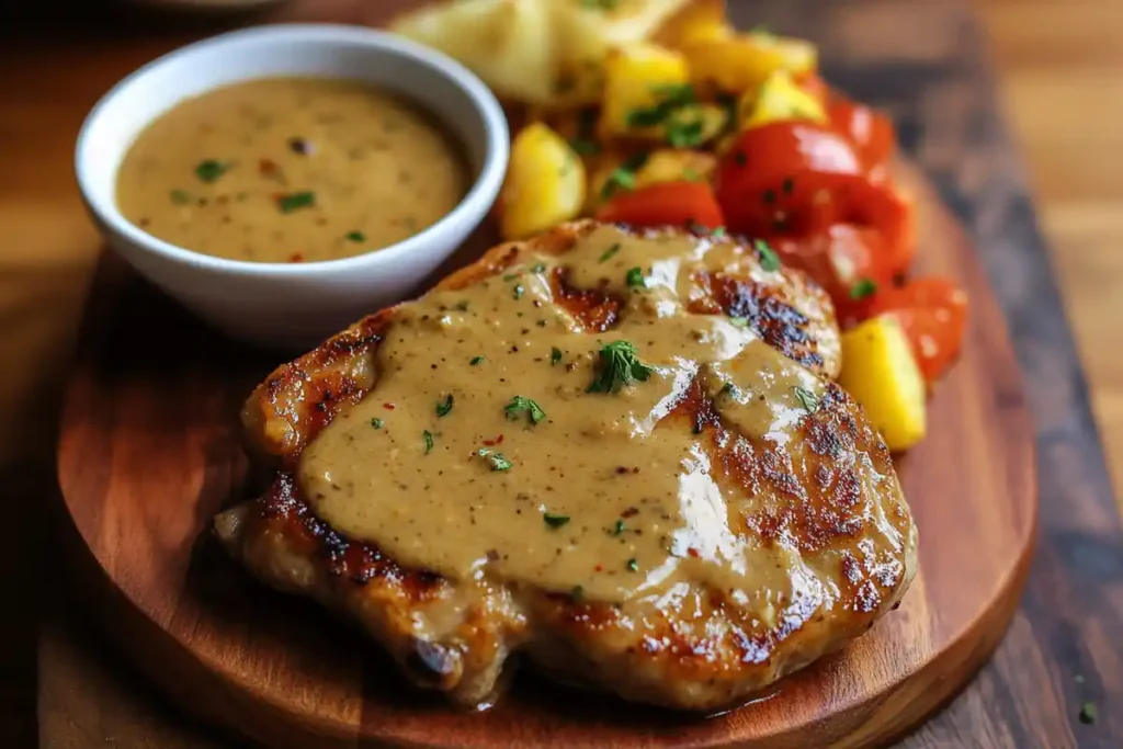 Grilled pork chops served with a variety of sauces, including creamy mushroom sauce, tangy barbecue sauce, and savory apple cider glaze.