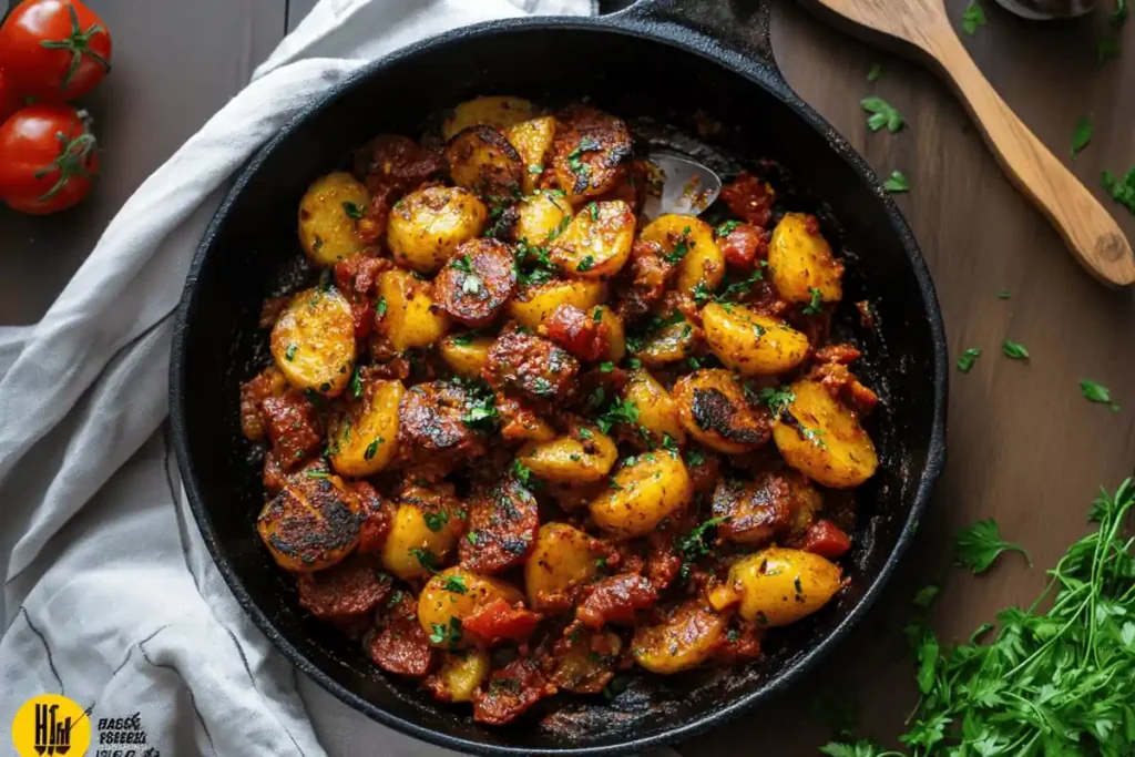 A plate of papas with chorizo, featuring golden sautéed potatoes and spicy chorizo, garnished with fresh cilantro, a classic Mexican dish.