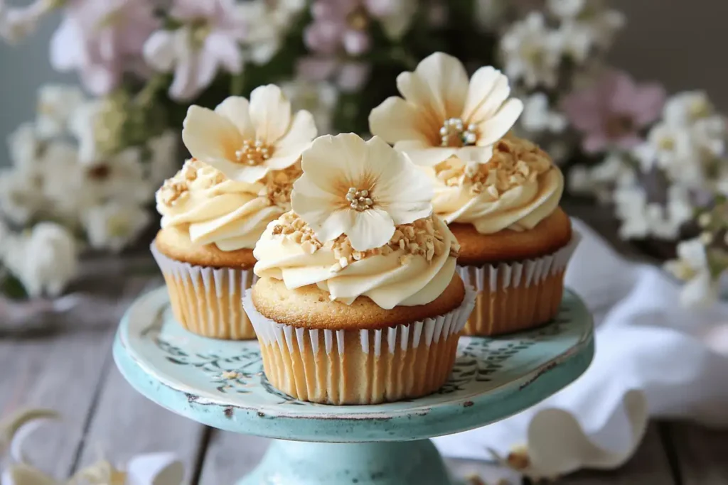 Hummingbird cupcakes topped with cream cheese frosting and garnished with chopped pecans and a slice of banana, beautifully displayed on a dessert stand.