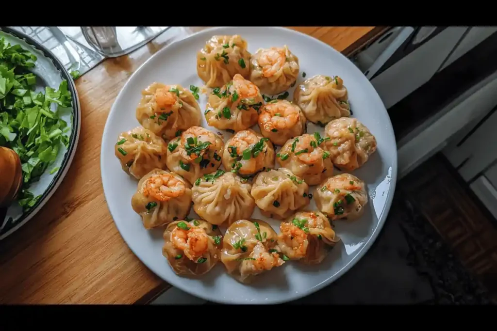 Freshly prepared prawn wontons garnished with spring onions