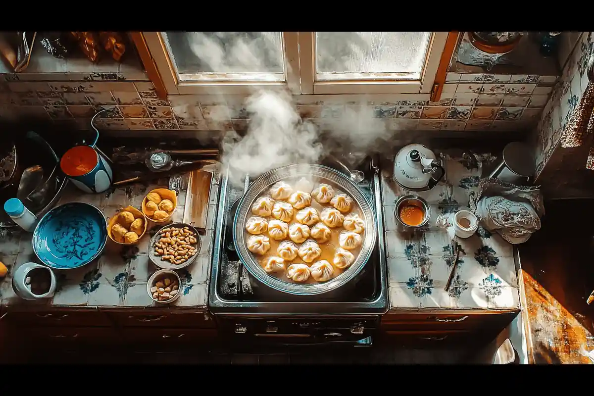 Steaming basket of freshly made soup dumplings